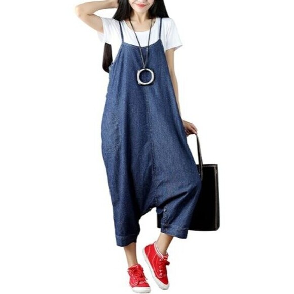 Womens Denim Jumpsuit‎ Balloon Pants Blue Oversized Romper Drop Crotch Hobo - Picture 2 of 8
